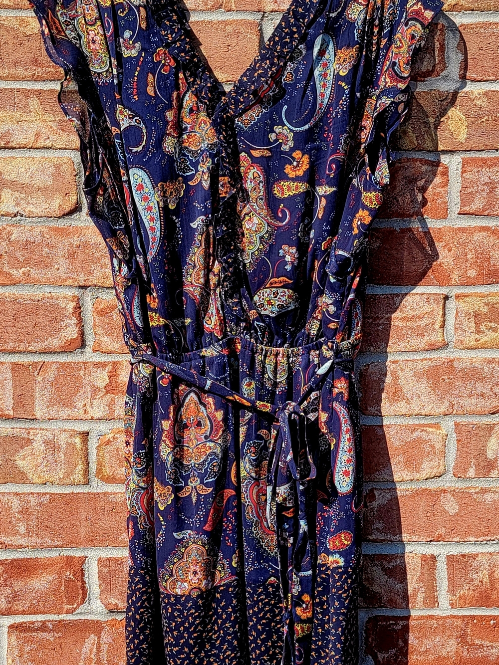 DR2 Navy Paisley Midi Dress with Ruffle Trim and Tie Waist